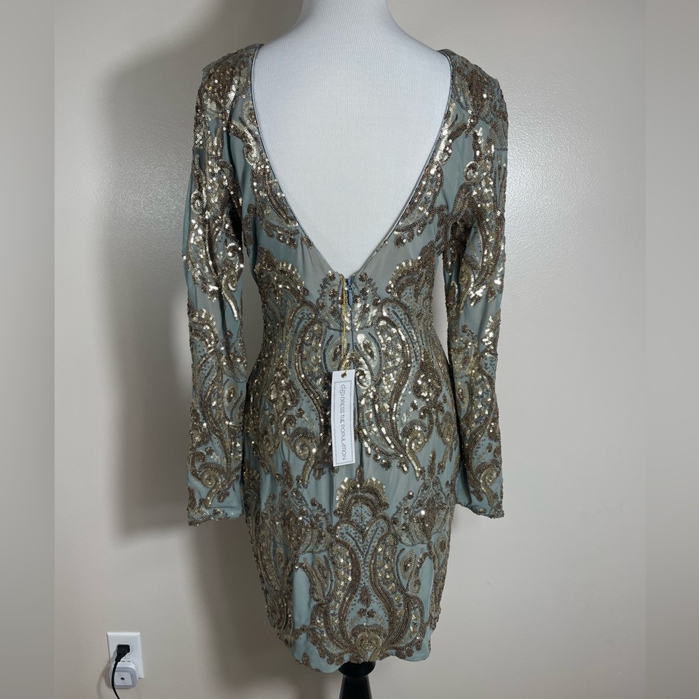 Dress the Population Gold and Shimmery Sage Long Sleeve Dress - Picture 3 of 4
